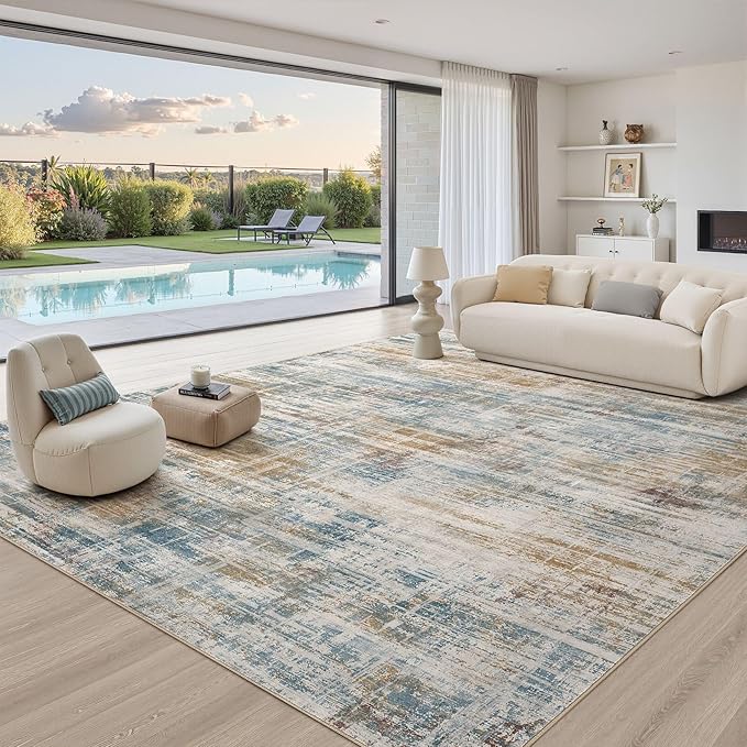 Area Rug for Living Room: 8x10 Washable Neutral Abstract Modern Soft Rugs Non Slip Indoor Floor Stain Resistant Large Carpet for Bedroom Dining Room Office Nursery - Blue Brown