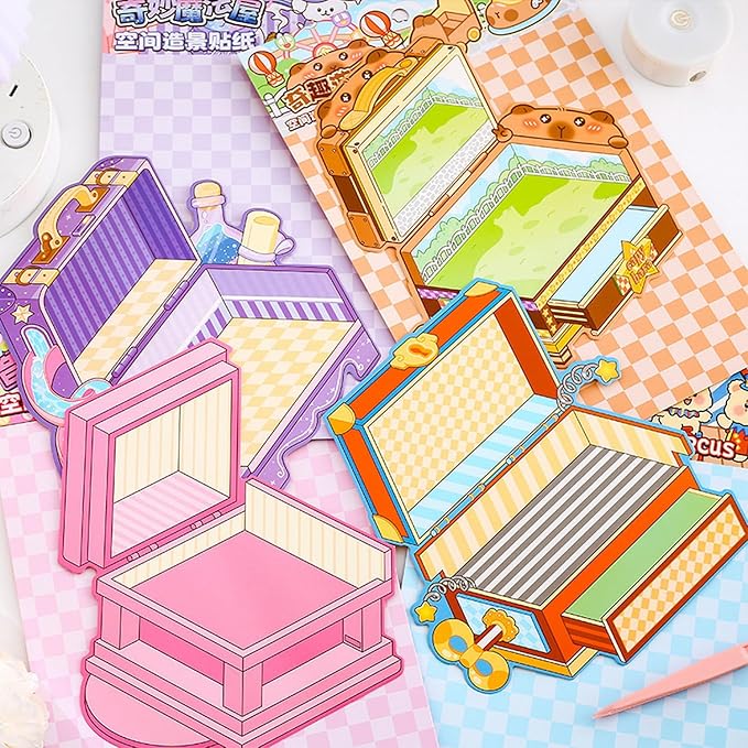 4 Sets DIY 3D Stickers Scene for Adults Teen Girls, Large 3D House Sticker Therapy Cute Cartoon Animal Scenes Sticker, Make Your Own Mini Room Scenes，Relief Stress Pass The Time Birthday Gift