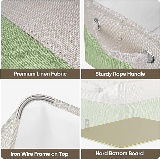 BALEINE 2 Pack Fabric Storage Bins for Shelves, Linen Storage Baskets for Organizing, Decorative Closet Bins for Clothes, Home (Green, 12"x8"x8")