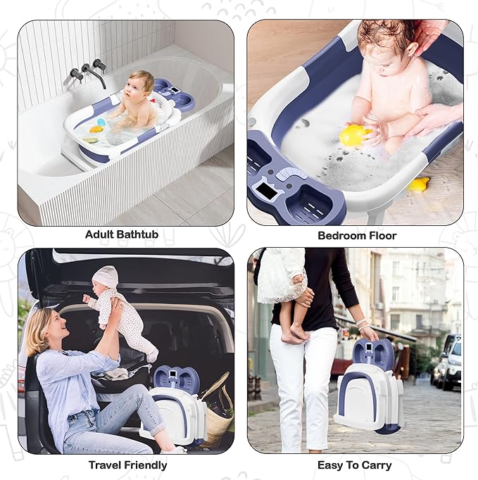 Collapsible Baby Bathtub,Baby Bath Tub with Soft Cushion & Thermometer,Baby Bathtub Newborn to Toddler 0-36 Months,Portable Travel Baby Tub