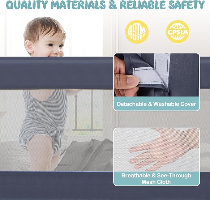 BABY JOY Bed Rails for Toddlers, Extra Long, Swing Down Safety Bed Guard for Convertible Crib, Folding Baby Bedrail for Kids Twin, Double, Full Size Queen & King Mattress (60-Inch, Dark Blue)