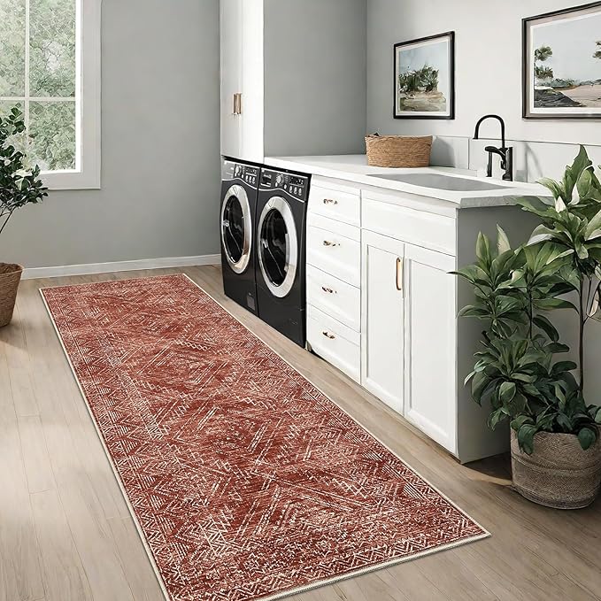 COZYLOOM 2x6 Rug Modern Indoor Area Rug Machine-Washable for Living Room or Hallway Softness Foldable Mat for Easy Storage Geometric Design Non Slip Rug Low Pile Stain Resistant Carpet, Brick Red