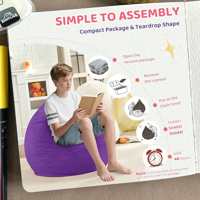 2FT Bean Bag Chair, Comfy Bean Bag Chairs with Memory Foam Filled, Fluffy Beanbag Sofa with Dutch Velvet Cover, Teardrop BeanBag Chairs for Living Room, Playroom - Purple