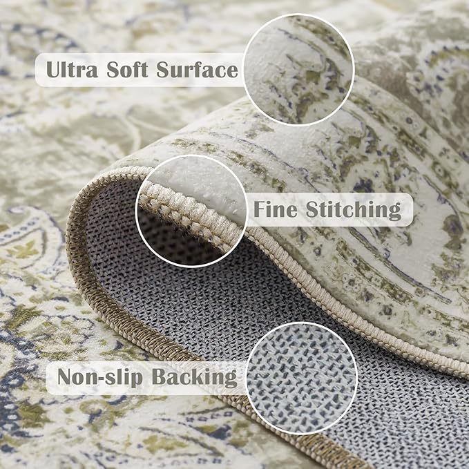 jinchan Washable Area Rug 5x7 Ultra-Thin Low Pile Non Slip Stain Resistant Soft Faux Wool Floral Distressed Vintage Carpet for Bedroom,Living Room,Dining Room,Kitchen,Nursery(Taupe, 5' x 7')