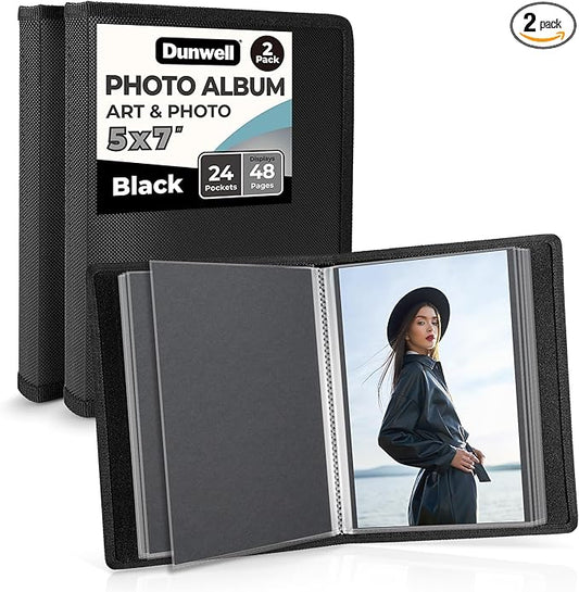 Dunwell Small Photo Album 5x7 (2-Pack, Black), Mounting Paper 5 x 7 Photo & Art Portfolio Presentation Binder, 24 Sleeves Displays 48 Pages, Professional Picture Book for 5x7 Artwork, Postcards