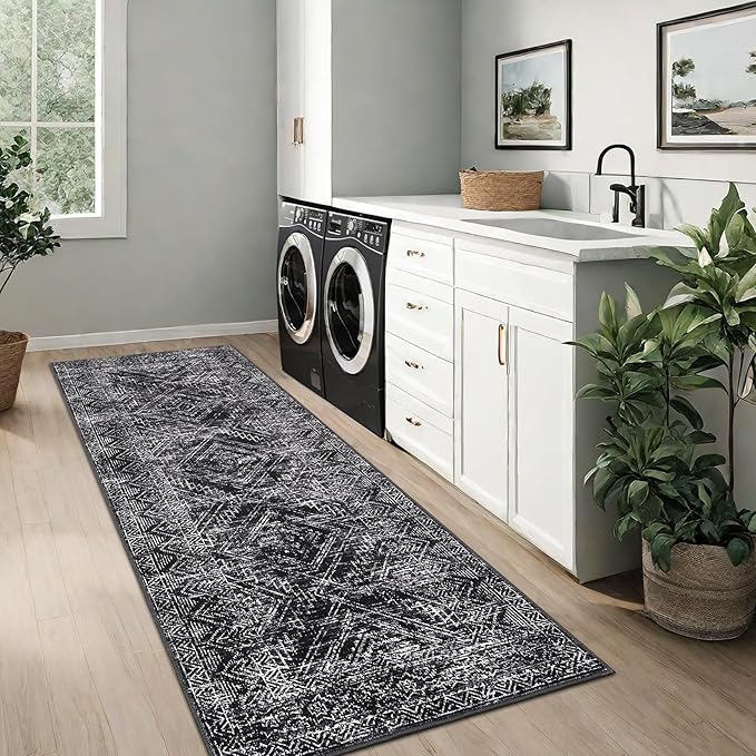 COZYLOOM Rug Runners 2x6 Washable Rugs for Bedroom Hallway Dining Room Living Room, Vintage Rug Non Slip Area Rug Geometric Soft Throw Rugs Low Pile Stain Resistant Carpet, Black