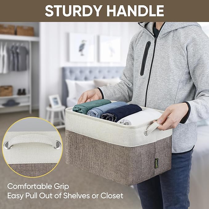 BALEINE 2 Pack Fabric Storage Bins for Shelves, Linen Storage Baskets for Organizing, Decorative Closet Bins for Clothes, Home (Brown, 15"x11"x9.5") ﻿