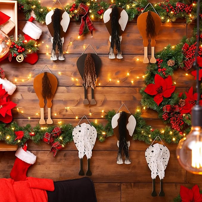 Geelin 24 Pcs Christmas Wooden Horse Craft Western Ornament Unfinished Wooden Cutouts Horse Painting Kit Unicorn Ornament DIY Cowboy Craft Paint Your Own Art for Christmas Party Favors(Buttock)