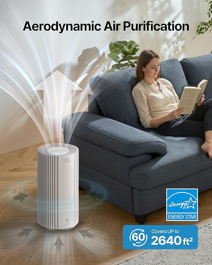 COWAY Air Purifiers for Large Room Whole Home Up to 2,640ft², True HEPA Filter for Smoke, Allergies, Pet Dander, Odor, PM 10 AQI, Turbo Eco Mode, Timer, Energy Star, 3yr Warranty, Airmega 350 Beige