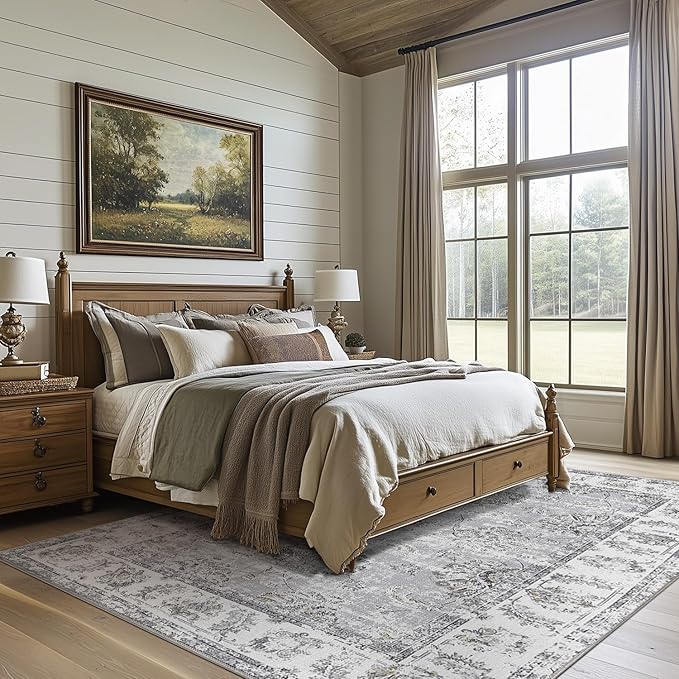 jinchan 9x12 Area Rugs for Living Room - Machine Washable Vintage Floral Distressed Design Stain Resistant Carpet Low Pile Non-Slip Large Rug for Bedroom Dining Room Home Office (9‘x12',Grey)