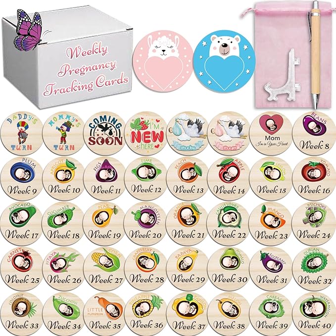 42 Designs Pregnancy Weekly Milestone Signs - Wooden Weekly Baby Bump Tracker Milestone Discs - Trimester Pregnancy Must Haves - Essential Gifts for Mommy to Be (Pregnancy Milestones Cards)