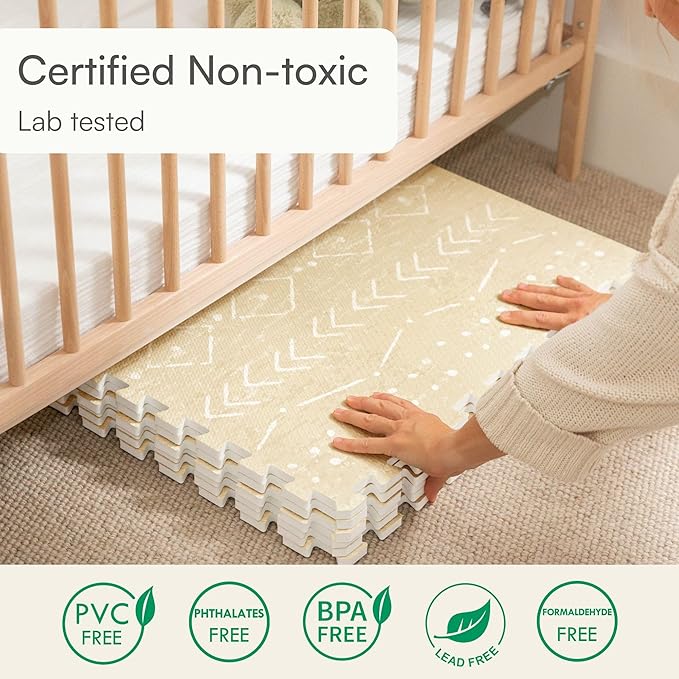 Baby Play Mat for Floor – 6x8ft Beige | Soft Non Toxic Premium EVA Foam Tiles for Tummy Time, Crawling & Playroom – Waterproof Interlocking Floor Mat for Babies & Toddlers by Lillefolk (12 Tiles)