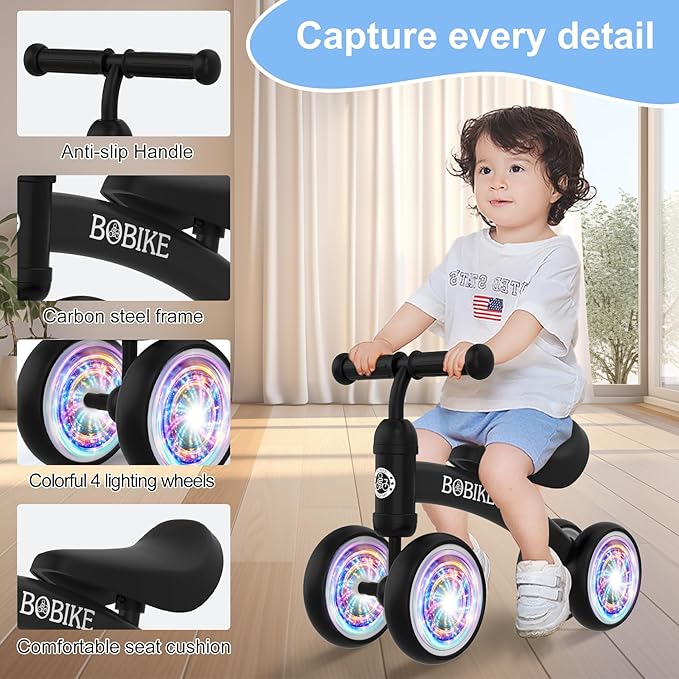 Baby Balance Bike Toys for 12-36 Months Kids Toy Boy and Girls Gifts Toddler Best First Birthday Gift Children Walker No Pedal Infant 4 Wheels Bicycle (Colorful, Black-Light)