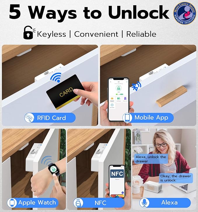 Anweller Baby Proofing Smart Cabinet Locks, Child Proof Hidden Drawer Locks, No Drill Adhesive Magnetic RFID Bluetooth Keyless Lock for Adults File Kitchen Cupboard Closet Liquor - White