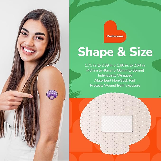 BioSwiss Bandages, Mushroom Shaped Self Adhesive Bandage, Latex Free Sterile Wound Care, Fun First Aid Kit Supplies for Kids and Adults, 24 Count