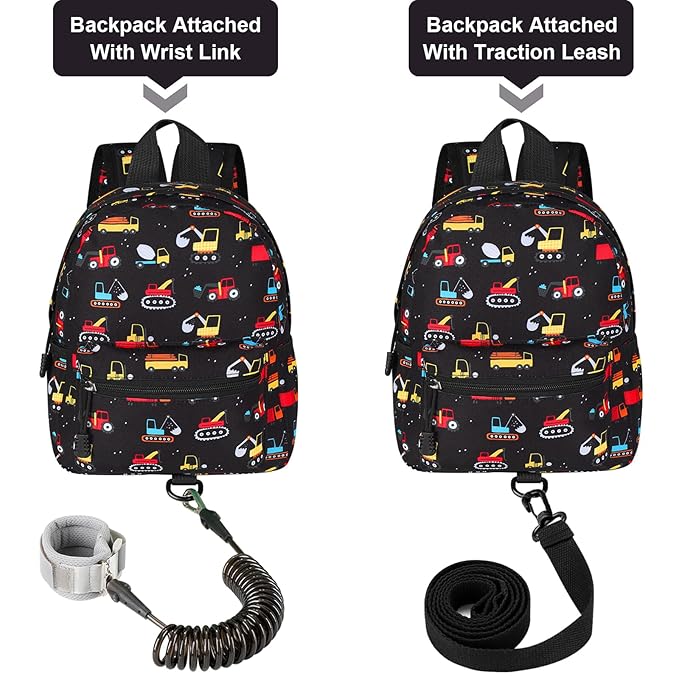 Accmor Toddler Backpack Harness with Leash, Cute Baby Backpacks with Anti Lost Wrist Link, Mini Kids Backpack Tether Walking Harness for Travel Outdoor, Black Excavator Backpack Tether for Boys Girls
