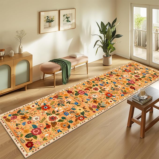Floral 2x10 Area Rug Machine Washable Soft Print Boho Carpet Non Slip Doormat Low Pile Flower Area Rugs for Living Room Bedroom Nursery Kitchen Dining Room Indoor-Yellow/Orange