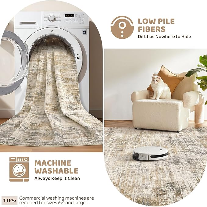 Area Rug for Living Room: 4x6 Washable Neutral Abstract Modern Soft Rugs Non Slip Indoor Floor Stain Resistant Carpet for Bedroom Dining Room Office Nursery - Golden Brown