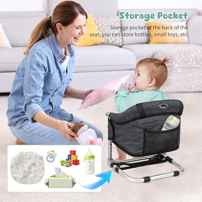 Booster Seat for Dining Table: Portable Toddler Booster Chair with Safety Buckle and Height Adjustable, Foldable Baby Feeding Chair, Kids High Chair Booster Seat for Kitchen Home Travel - Black