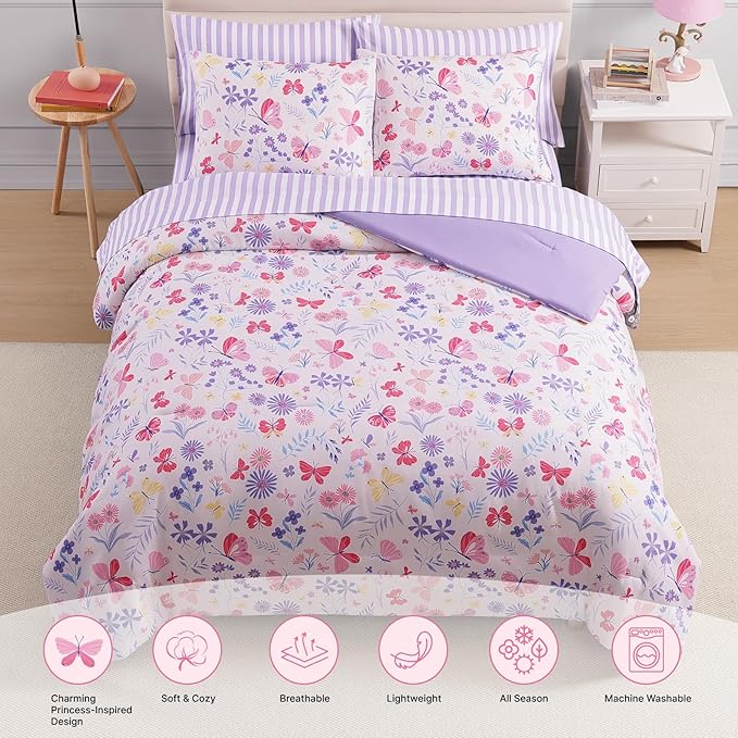Full Size Comforter Sets with Sheets for Girls-7 Pieces Full Size Bedding Sets with Pink Comforter, Sheets, Pillowcases & Shams for Kids (Cute Botanical Flowers, 76" X 86")