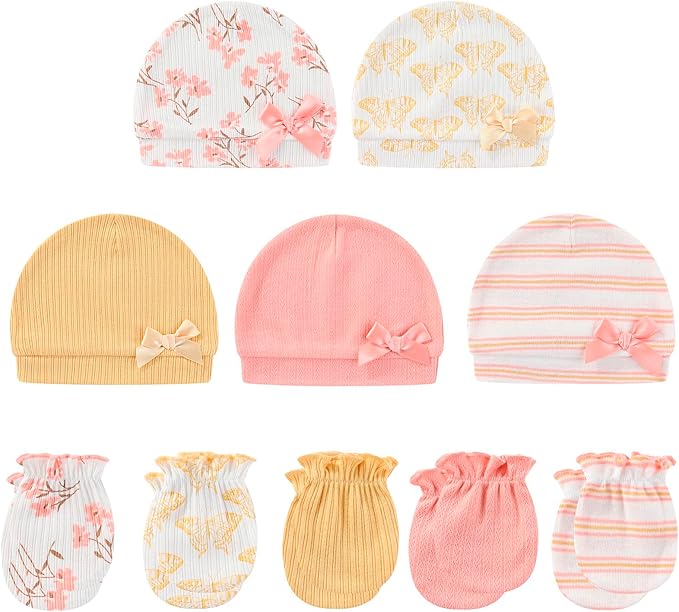 Baby Hat and Mittens Set Cotton Newborn Baby Hats Caps for Boys and Girls, 0-6 Months