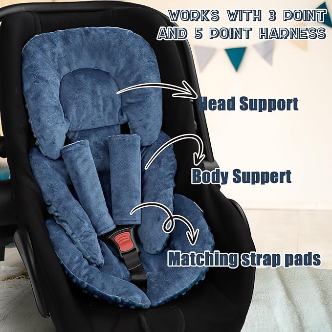 Infant Car Seat Insert Head and Body Support, GFU Reversible Newborn Insert for Carseat with Strap Pads, Soft Stroller Cushion Pillow Insert for Boys and Girls, Fits for Stroller, Swing, Blue
