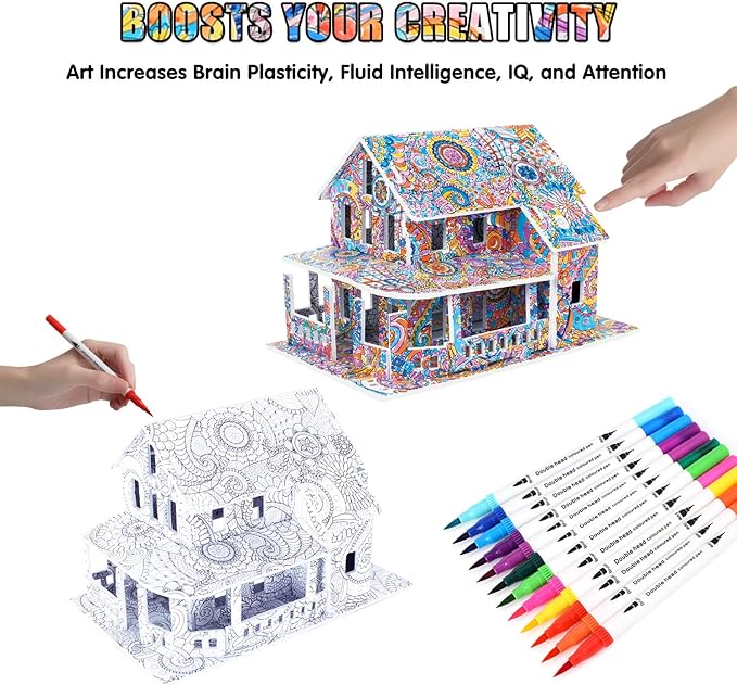 BEARUN 3D Coloring Puzzle Set, Arts and Crafts for Girls and Boys Age 6 7 8 9 10 11 12 Year Old, Fun Educational Painting Crafts Kit with Supplies for Kids, Birthday Toy Gift for Kids
