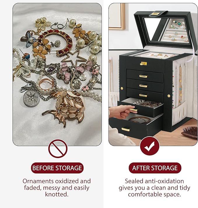 AKOZLIN Jewelry Box Organizer Functional Leather Jewelry Storage Case for Women Girls Ring Necklace Earring Bracelet Holder Organizer with Mirror Black