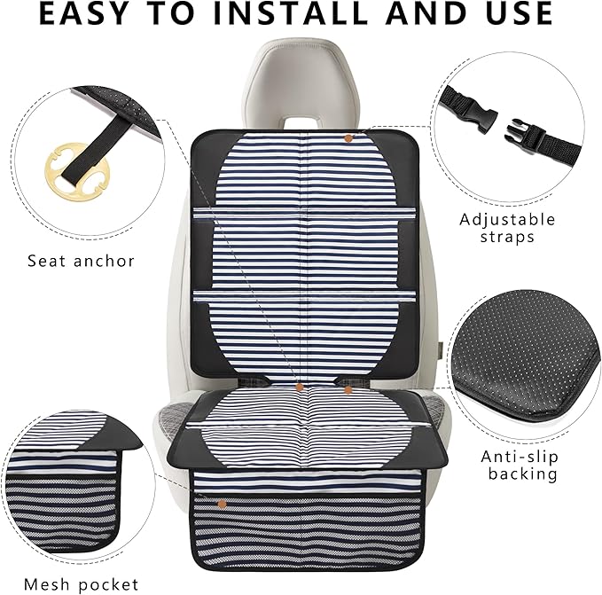 Car Seat Protector for Child Car Seat, 2 Pack Baby Car Seat Covers with Mesh Pockets & Non-Slip Backing 600D Durable Seat Protector Under Baby Car Seat for Car Back Seat (Stripe, Large)