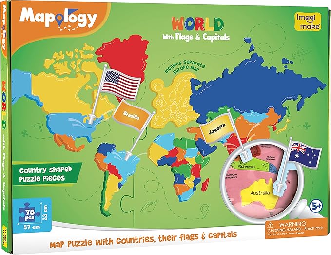 Imagimake Mapology World Map Puzzle - Includes Country Flags & Capitals | Fun Jigsaw Puzzle Kids Ages 5-8 | Educational Toys for Ages 8-13 | Geography Gifts for Girls & Boys 5, 6, 7, 8, 9, 10, 11, 12
