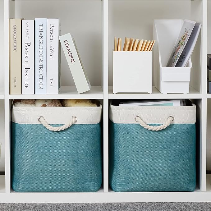 Bidtakay Foldable Storage Bins Set of 2 Tall Cloth Baskets 16" X 11.8" X 11.8" Decorative Organizers for Linen Closet (White & Teal)