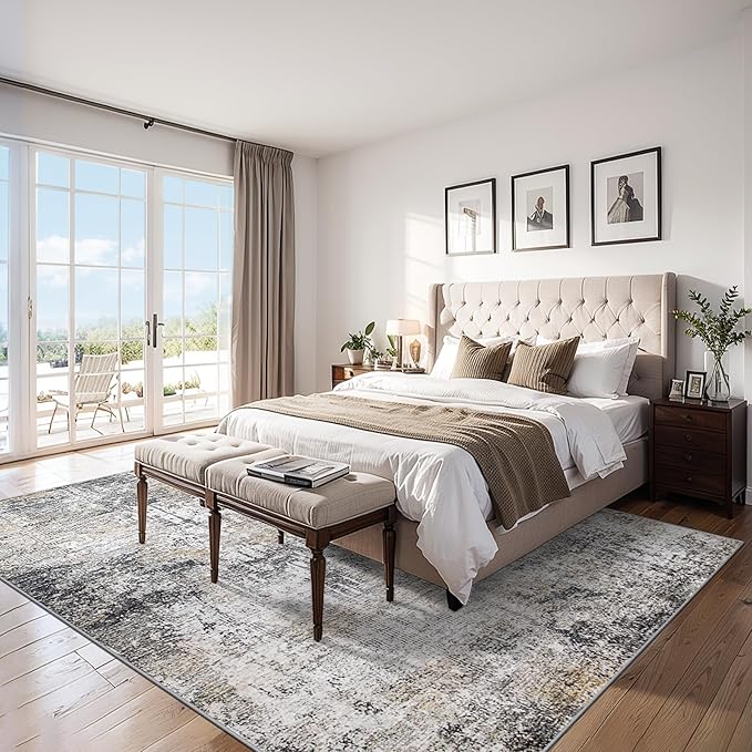 Area Rugs Living Room Rug - 4x6 Washable Modern Abstract Soft Neutral Non-Slip Carpet Large Indoor Floor Thin Carpets for Bedroom Dining Room Farmhouse Nursery Home Office Brown Black Grey