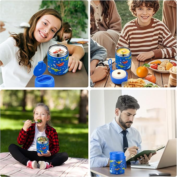 17oz Soup Thermo for Hot Food Kids,Insulated Food Jar with Spoon,Thermo Hot Food Lunch Container,Wide Mouth Leakproof Stainless Steel Lunch Box for School-Dinosaur