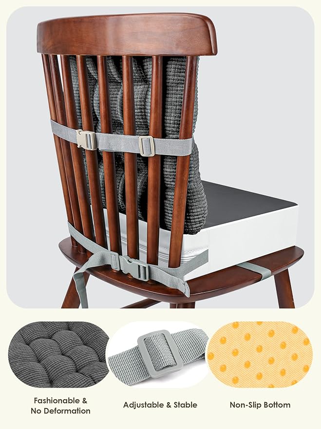 Booster Seat for Kitchen Chair, Adjustable Washable Safety Belts Toddler Booster Seats, PU Non-Slip Kids Dining Table Booster Seat, Portable Travel Increasing Cushion for Child Kid Boy Girl - Gray