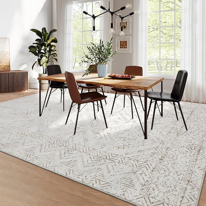 COZYLOOM 10x13 Area Rug Living Room Washable Rugs Stain Resistant for Bedroom Soft Floor Carpet Non Slip Distressed Geometric Carpet for Dining Room Laundry Room Office, Ivory