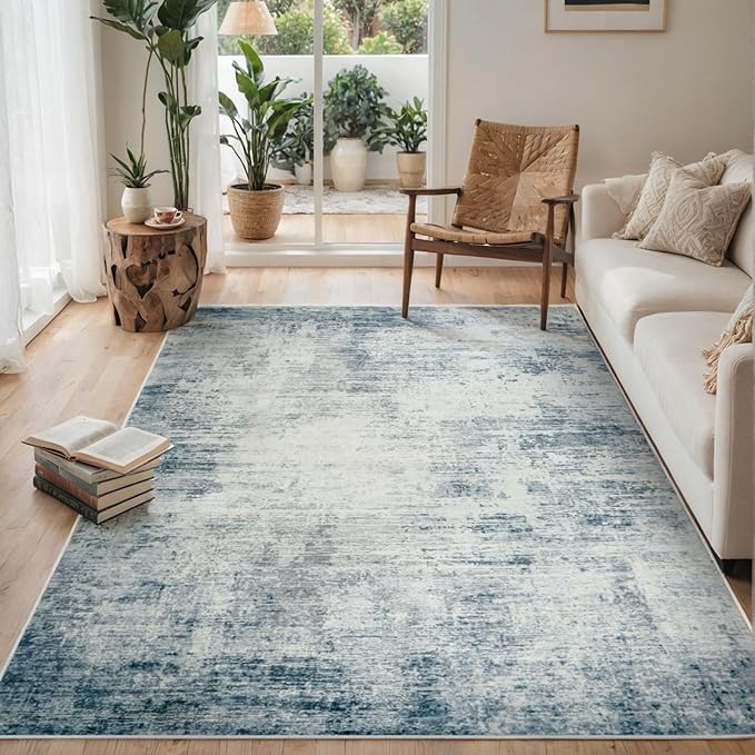 Area Rugs 8x10 Living Room Rugs: Modern Abstract Washable Rug with with Non-Slip Backing, Stain Resistant Indoor Floor Large Carpet for Bedroom Dining Room Table Nursery Hallway Home Office-Blue/Ivory