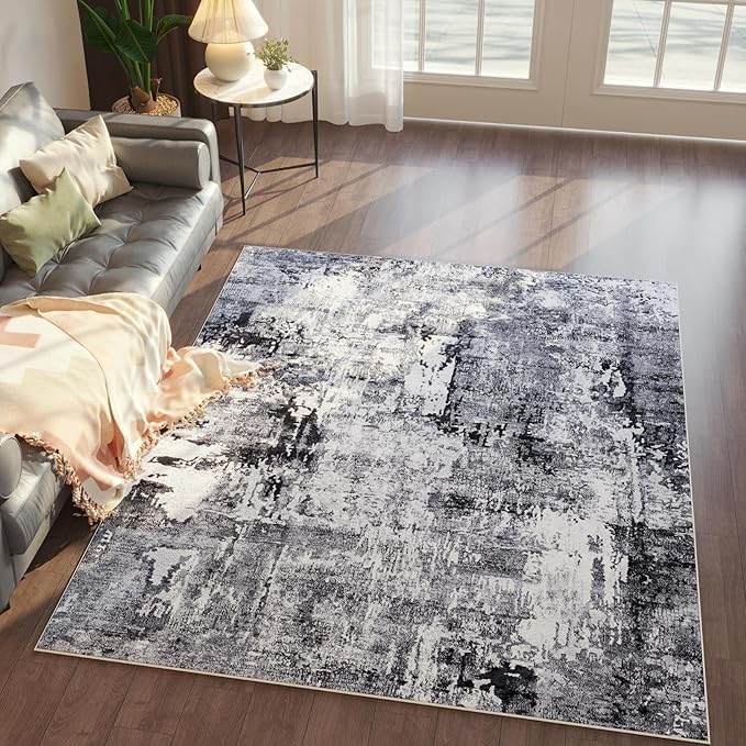 4x6 Rug Washable Boho Soft Area Rug Abstract Pattern Non-Slip Faux Wool Vintage Rug for Living Room, Bedroom Rug, Farmhouse, Dining Room, Kids Playroom, Grey and Black