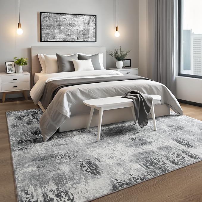 Kelarea Living Room Rug 4x6 Grey Area Rug Machine Washable Rugs, Non Slip Abstract Vintage Indoor Carpet for Bedroom, Nursery, Classroom, Dining Room, Home Office