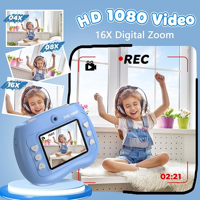Instant Print Camera for Kids - Front Rear Dual Selfie Kid Print Camera, Fun Birthday Gift for Boys Ages 3-12, HD Digital Video Cameras, Easy to Use for Toddler - Blue