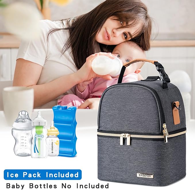 Breastmilk Cooler Bag with Ice Pack Fits 6 Baby Bottles up to 9 Ounce, Breastmilk Pump Cooler Bag with Shoulder Strap for Nursing Mom Daycare, Work, Travel- Grey