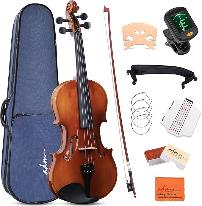 ADM 4/4 Full Size Wood Violin Set for Kids Teens Students Adults Beginner Acoustic Violin Glossy Fiddle Starter Kit with Hard Case, Rosin, Shoulder Rest, Bow, Clip-on Tuner and Fingerboard Sticker