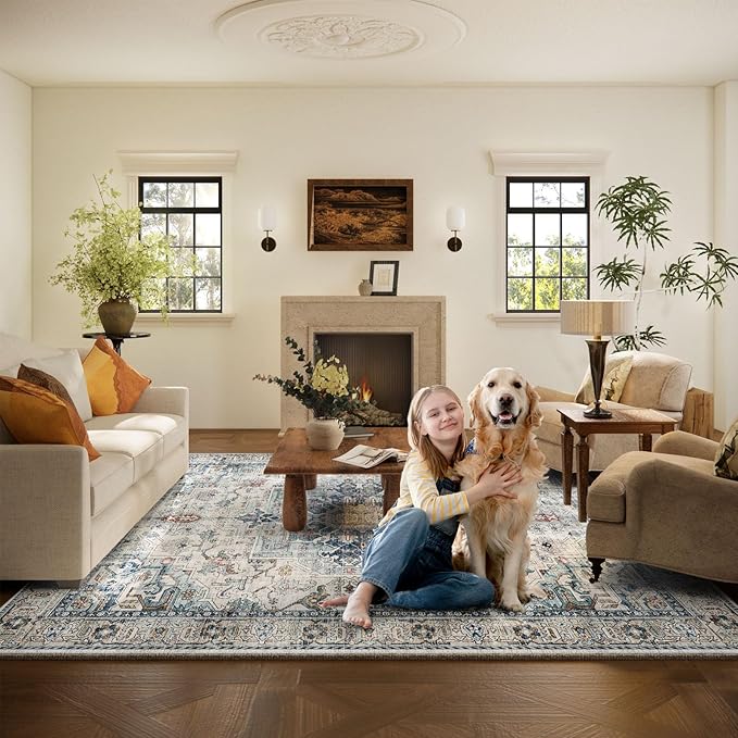 5x7 Area Rugs for Living Room: Washable Bedroom Rug Boho Vintage Rugs Stain Resistant Non Slip Low Pile Soft Lightweight Carpet for Kitchen Dining Room Farmhouse Nursery Kids Room Home Office