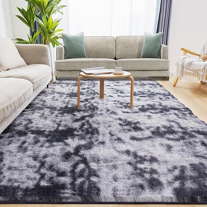 8x10 Fluffy Rugs for Living Room, Ultra Soft Plush Area Rug for Bedroom, Anti-Skid High Pile Indoor Carpet for Nursery, Kids Room, Playroom, Home Decoration, Tie-Dyed Dark Grey
