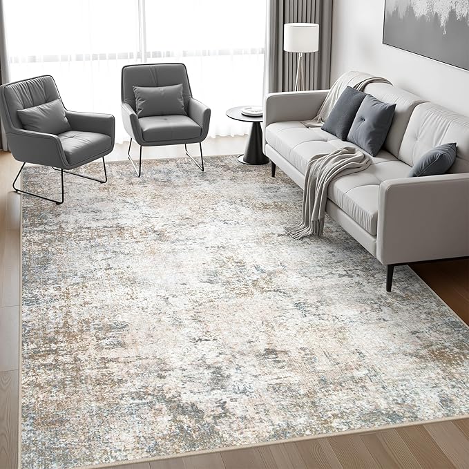 6x9 Area Rug Living Room Rug: Washable Modern Abstract Soft Thin Rug Indoor Floor No Slip Stain Resistant Carpet for Bedroom Dining Room Farmhouse Nursery Home Office - Brown Grey