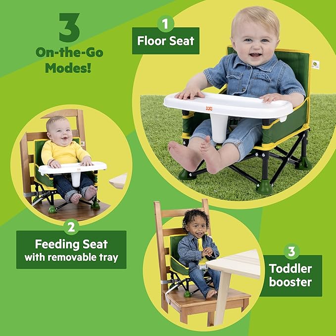 Bright Starts John Deere Pop 'N Sit Portable Booster Chair, Floor Seat, Indoor/Outdoor Use, Compact Fold, Green and Yellow, 6 Mos - 3 Yrs