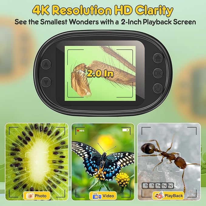 1000X Handheld Microscope for Kids 4K 2.0" Screen Rechargeable Mini Pocket Digital Microscopes w/Slides Kit Portable Edu Gift Age 4-6 8-12 Children Students (Yellow)
