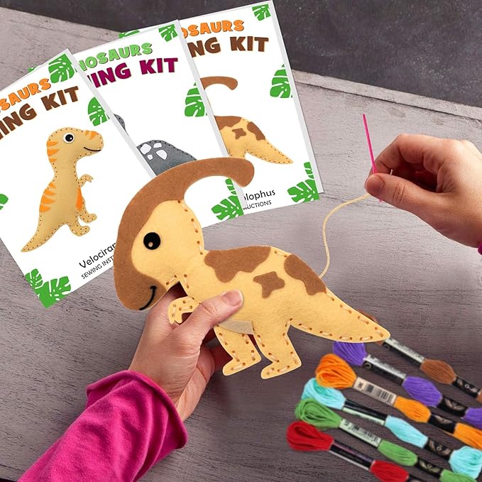 CiyvoLyeen Dinosaur Sewing Craft Kit DIY Kids Craft and Sew Set for Girls and Boys Educational Beginners Sewing Stuffed Animal Felt Plush Ornaments Set of 14 Sewing Kits for Kids Age 8 9 10 11 12