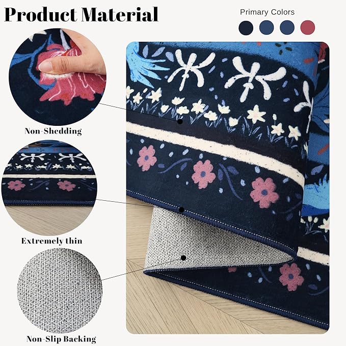 5x7 Washable Rug Vintage Floral Botanical Area Rug Non Slip Low Pile Large Rugs for Living Room, Bedroom, Farmhouse, Dining Room, Kids Playroom, Blue