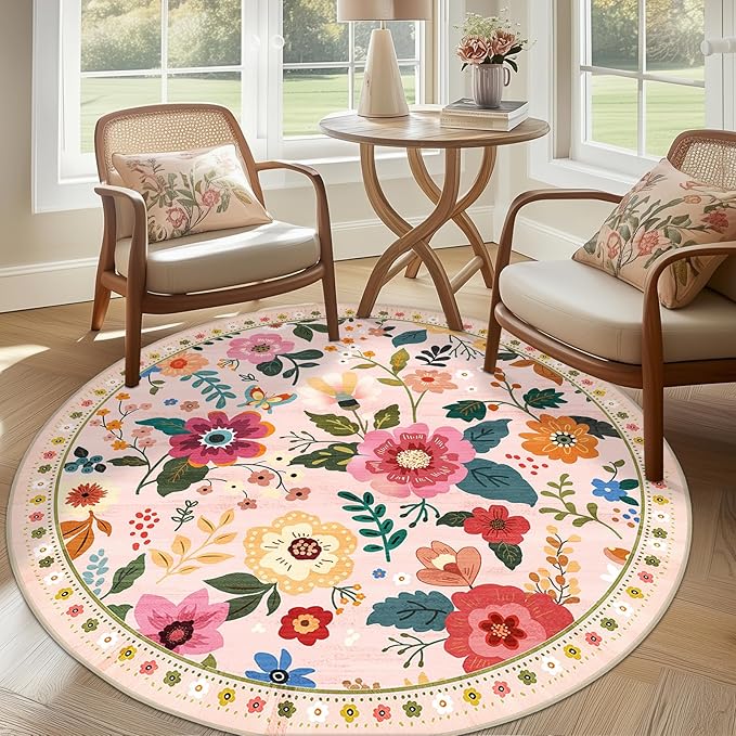 Floral 4ft Area Rug Machine Washable Soft Print Boho Carpet Non Slip Doormat Low Pile Flower Area Rugs for Living Room Bedroom Nursery Kitchen Dining Room Indoor-Pink