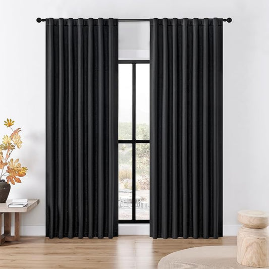 Joydeco Faux Linen Blackout Curtains for Bedroom,Black Blackout Curtains 90 inches Long,100% Blackout Solid Thermal Insulated Window Drapes Luxury Decor for Living Room（W52xL90 Inch,Black）